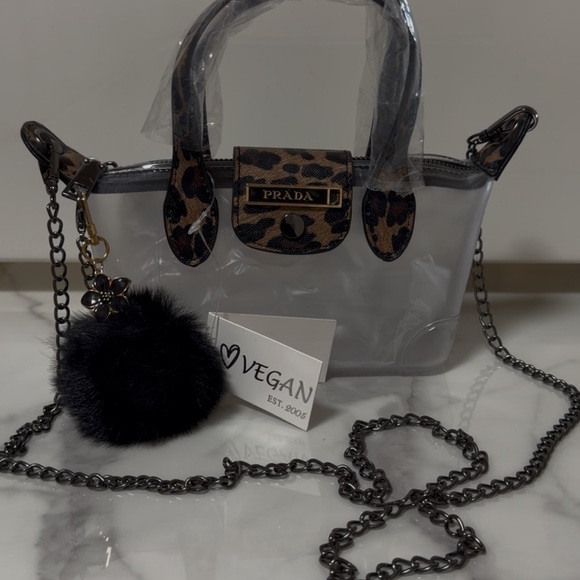 Upcycled Handbags - 🤍 Leopard and Clear Mini Bag with Black Chain WITH AN AUTHENTIC PRADA CHARM🤍